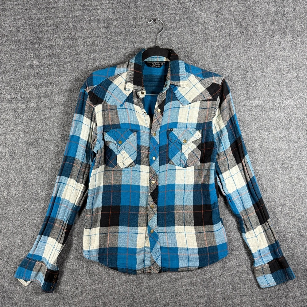 Salt Valley Western Shirt Pearl Snap Blue Cowboy Plaid Lightweight Size XS #3053
